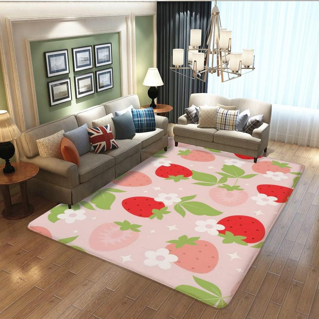 Pink Strawberry Area Rug Kawaii Fruit Print Rugs Mat for Living Room Bedroom Decorative Cute Carpet Non Slip Area Runner Rug