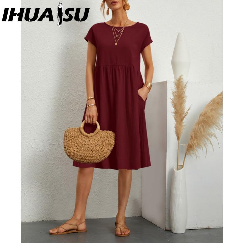IHUASU Women's Fashion Summer Spring Solid Color Print O-Neck High Waist Casual Dresses