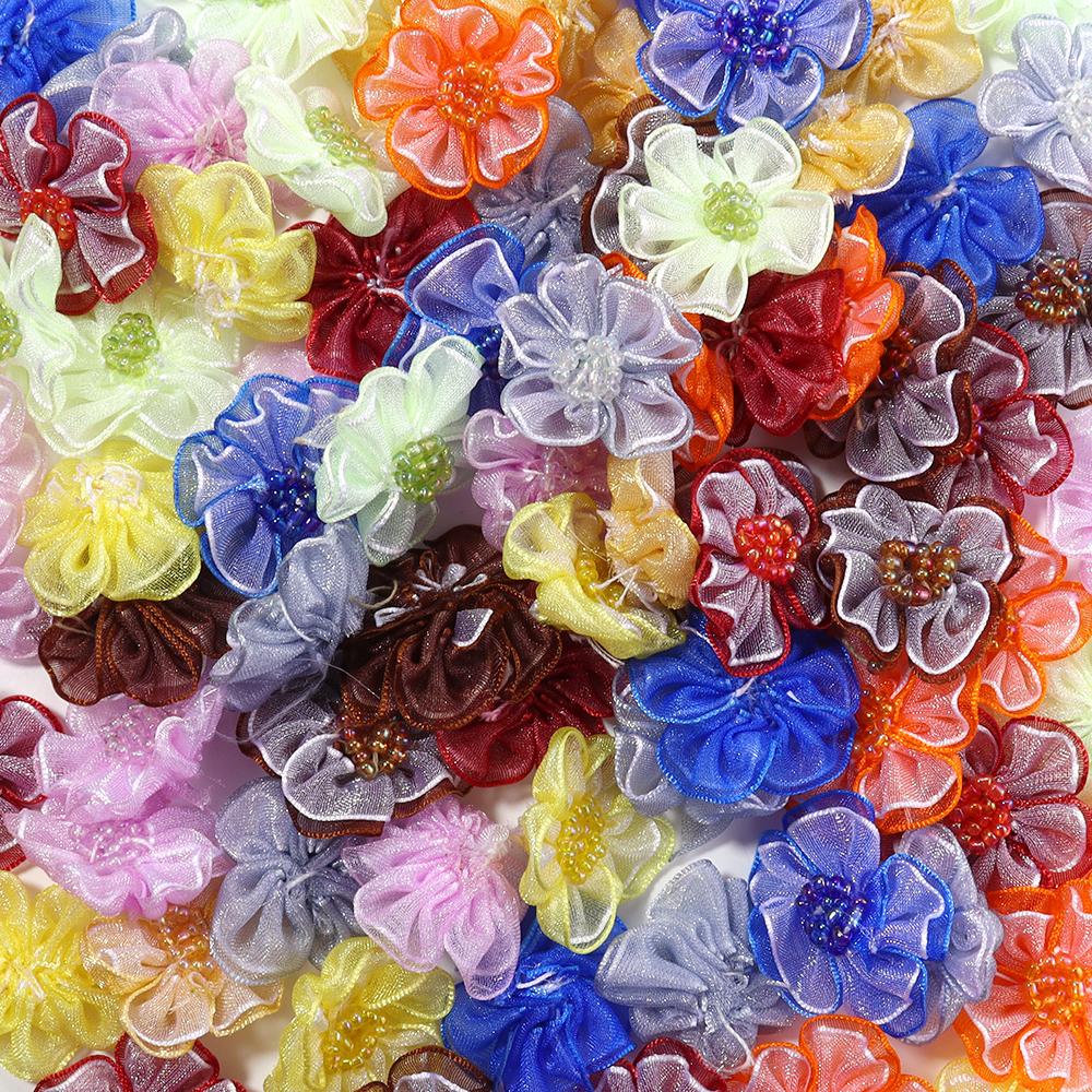 10pcs 3cm Gauze Artificial Flowers Colorful Double Layer Flower Head For DIY Handmade Wedding Party Clothing Headwear Decoration