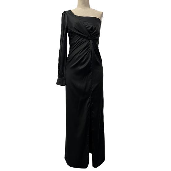 Vestido de noite feminino, um ombro, sem mangas, bainha dividida, cor sólida, cintura fina