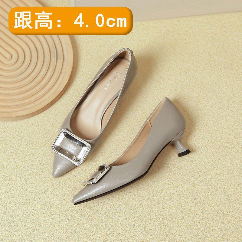 Black Temperament Pointed High Heels Women's Thin Heels 2025 New Spring and Autumn Women's Shoes Rhinestone Square Buckle French Light Mouth Single S