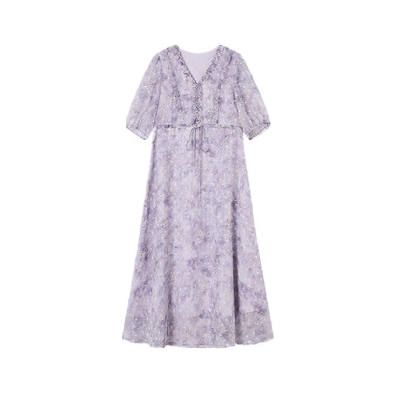 Elegant French Style V-Neck Ruffle Trim Maxi Dress S