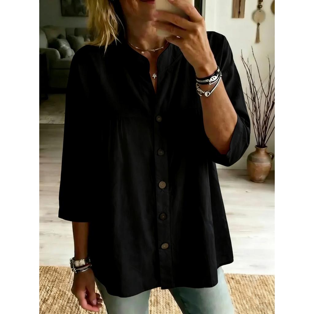 Spring Summer Women's Cotton Linen Shirt, Vintage Retro Solid Color Casual 3/4 Sleeve Blouse Top For Women, European American Fashion