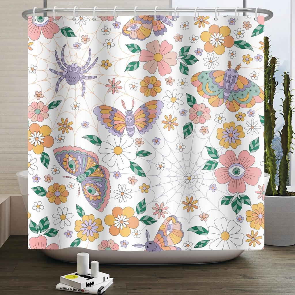 Tenda da doccia arcobaleno vintage anni '70 senza cornice, Fungo Luna Hippie Fiore Sole Luna Farfalla Botanico Vintage, Arredamento Bagno