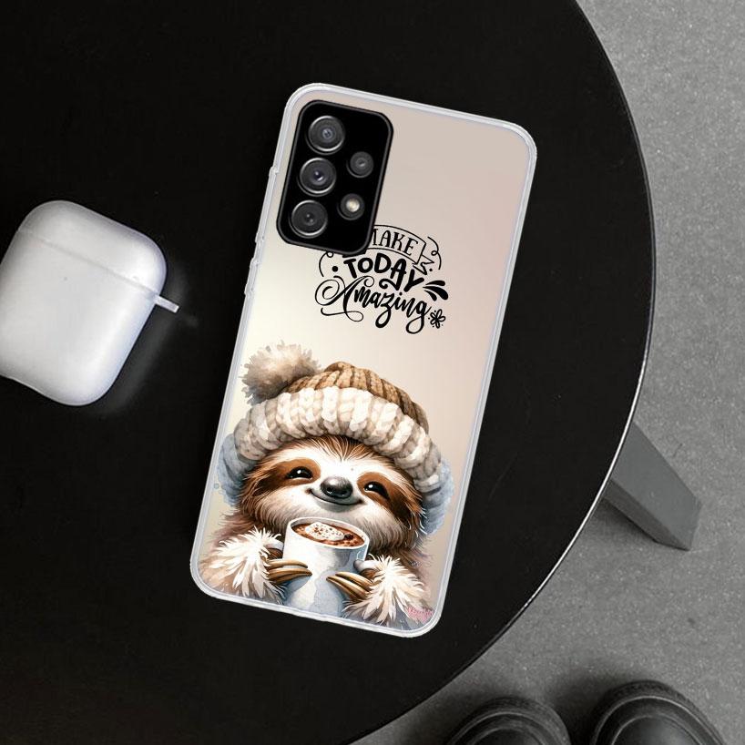 Animal Cute Cartoon Sloth Coffee Phone Case Cover for Samsung Galaxy A12 A22 A32 A52 A72 A02S A51 A50S A31 A20S A10S Note 20 Ult