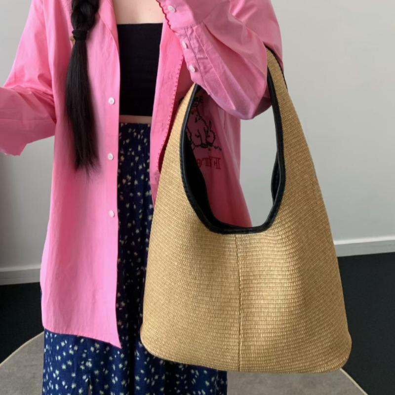 Retro Straw Shoulder Bag Stylish Simple Beach Travel Vacation Tote Bag Women Casual Versatile Handbag Summer New Underarm Bag