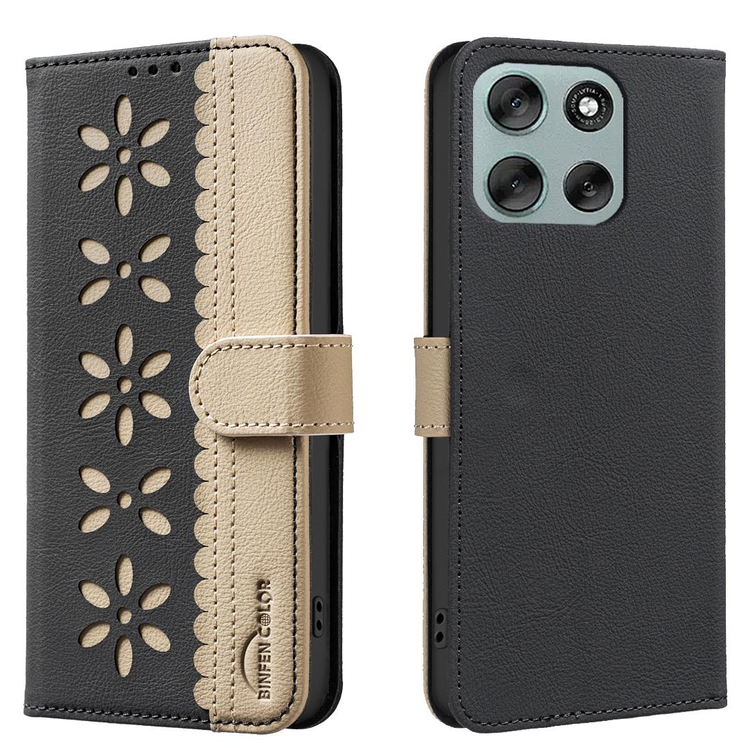 

Для Motorola Moto G56 5G Кожаный чехол BINFEN COLOR BF36 Цветочный узор Чехол для телефона Кошелек с RFID-блокировкой Подставка Black