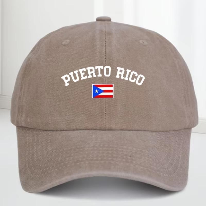 A gender-neutral Puerto Rican flag-patterned printed baseball cap that can be adjusted into an outdoor sun hat.
