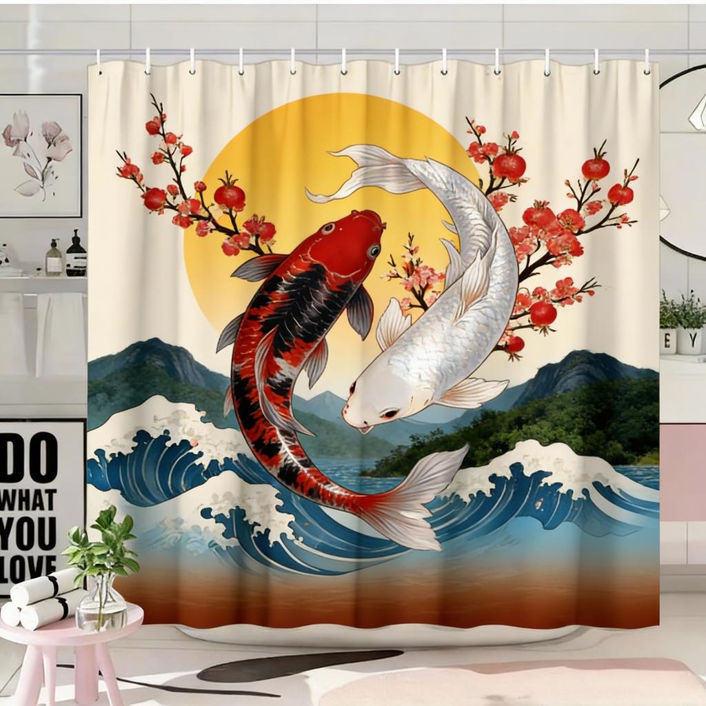 1pc Japanese Ukiyoe Koi Shower Curtain, Cherry Blossom, Red Sun, Snow Mountain Pattern, Easy to Hang, Fashionable Bathroom Decor