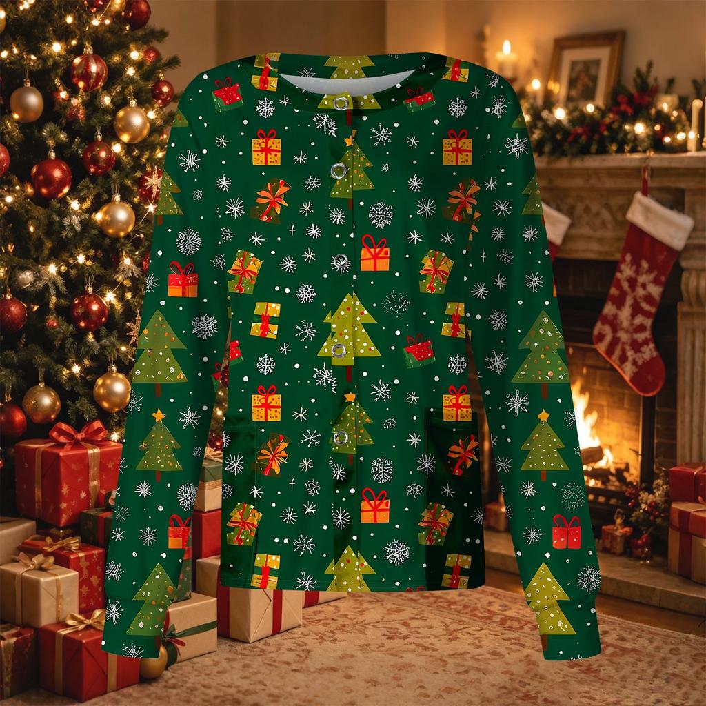Women's Casual Christmas Print Long Sleeve Button Front Cardigan Scrub Top