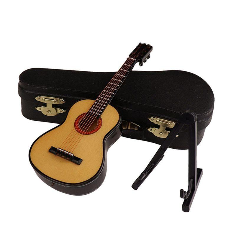 AEE2-Wooden Miniature Guitar With Stand And Case Mini Musical Instrument Miniature Doll House Model Home Decoration