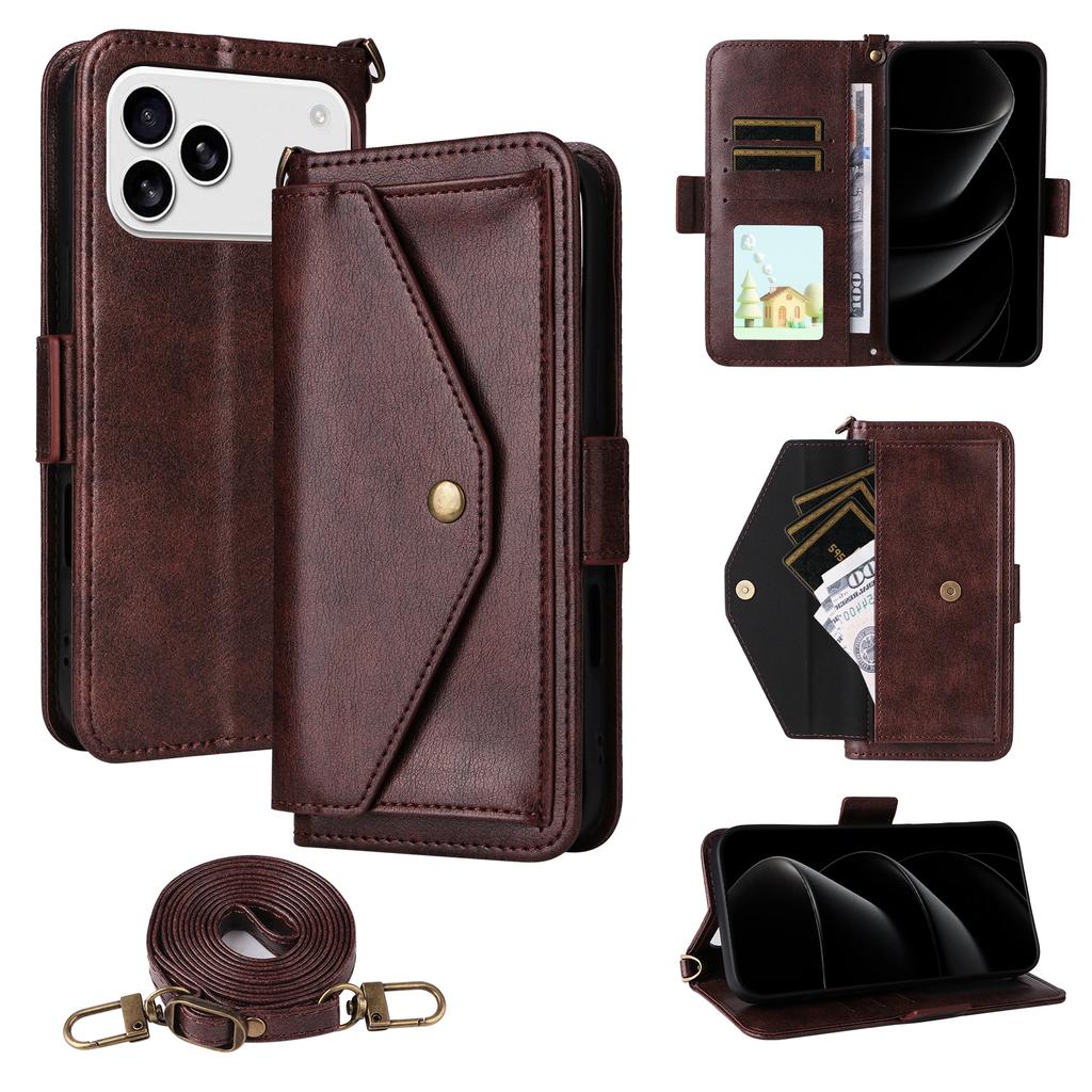 For iPhone 17 Pro Leather Case Magnetic Closure Wallet Stand Phone Cover with Crossbody Strap