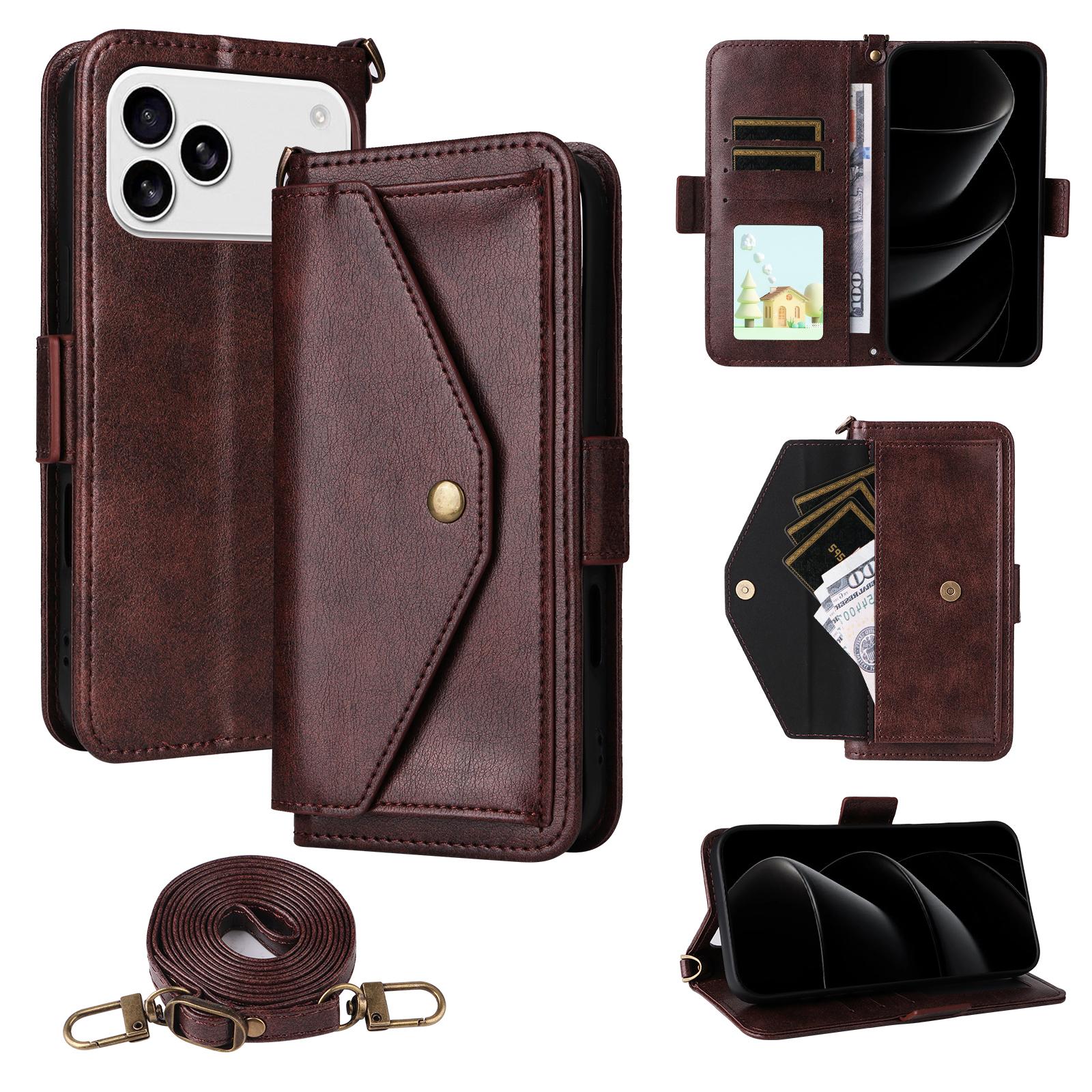 

For iPhone 17 Pro Max Leather Case Magnetic Closure Wallet Stand Phone Cover with Crossbody Strap Brown