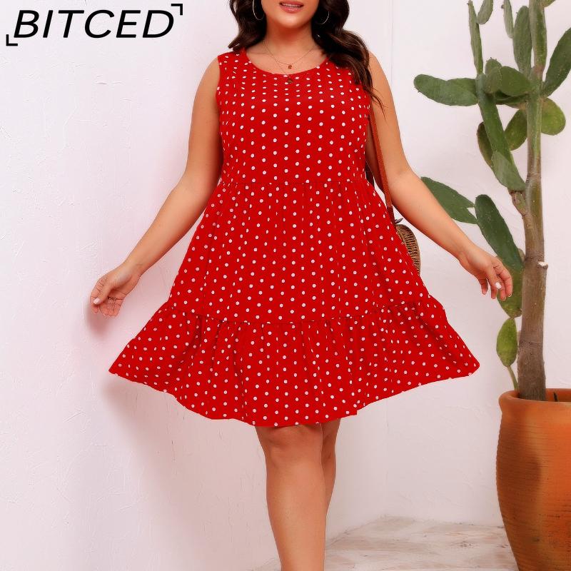 

BITCED Платье А-силуэта с круглым вырезом, без рукавов, в горошек, с оборками XXXXL красный