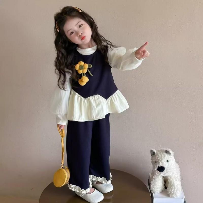 Girls 3-piece Outfit Set Korean Style Tweed Vest T-shirt Pants Kids Casual Fashion