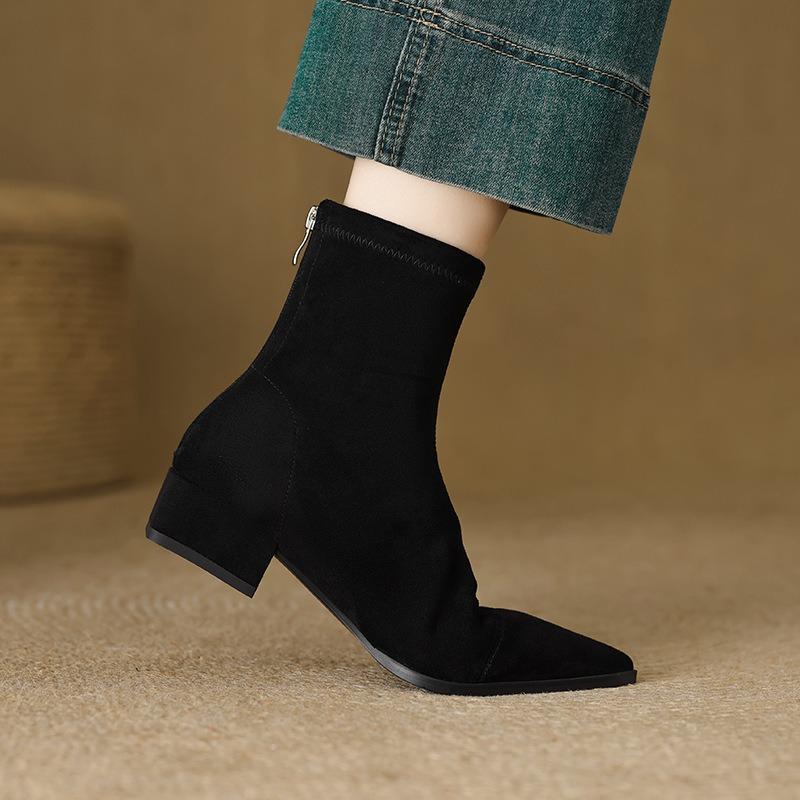 Fashion 2025 Autumn Vintage Suede Women Ankle Boots Ladies Concise Pointed Toe Thick Heel Short Botas Zapatos De Mujer Botas