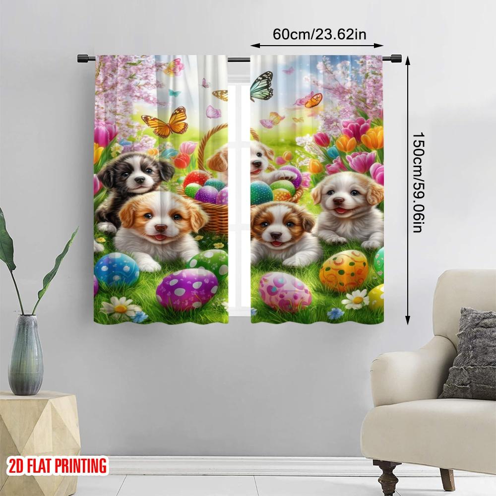 2pcs,2D Plane Printing Popular Curtains Spring Pups Picnic Durable Polyester (without Rod) Decorations Outdoor for Bedroom