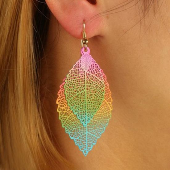 Ethnic Hollow Colorful Leaf Pendant Drop Women Statement Hook Earrings Jewelry