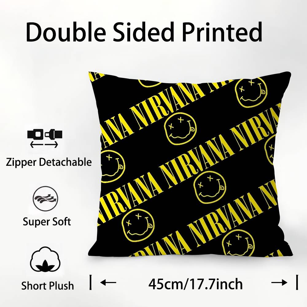 Band Smile-N-Nirvanaes-S Pillow Case Square Double‑Sided Print Cushion Case For Sofa Home Bedchamber Decor Gift