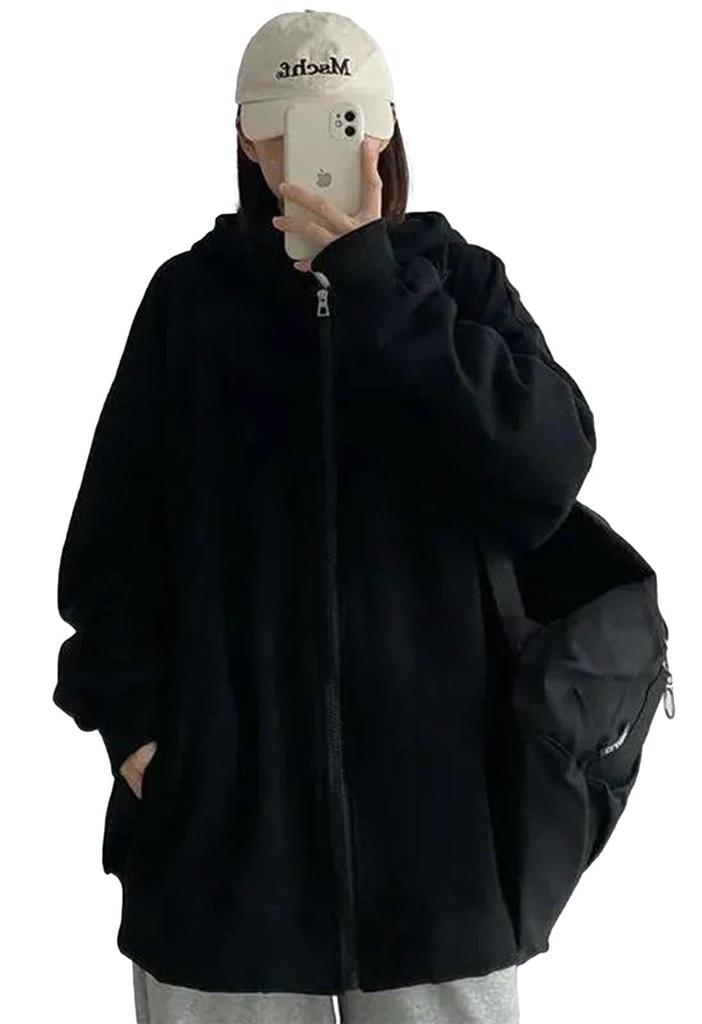 Ririka Basic Casual Fit Size Women's Zip-Up Hoodie, Oversized, Fleece-Lined, Gray/Black, (Black, M)