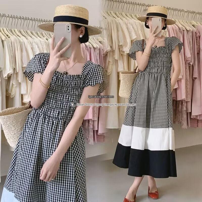 Damen Sommer 2023 Kariertes A-Linien-Kleid mit Kontrastfarbe und kurzen Flatterärmeln