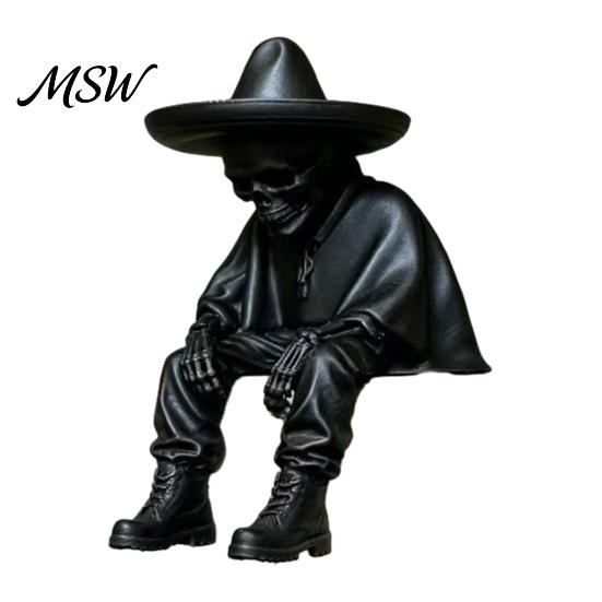 Spooky Aesthetic Office Ornaments 3D Printed Sitting Skeleton Shelf Sitter Figurine, Gothic Hat Desktop Figurines Ornament, Trendy Home Table