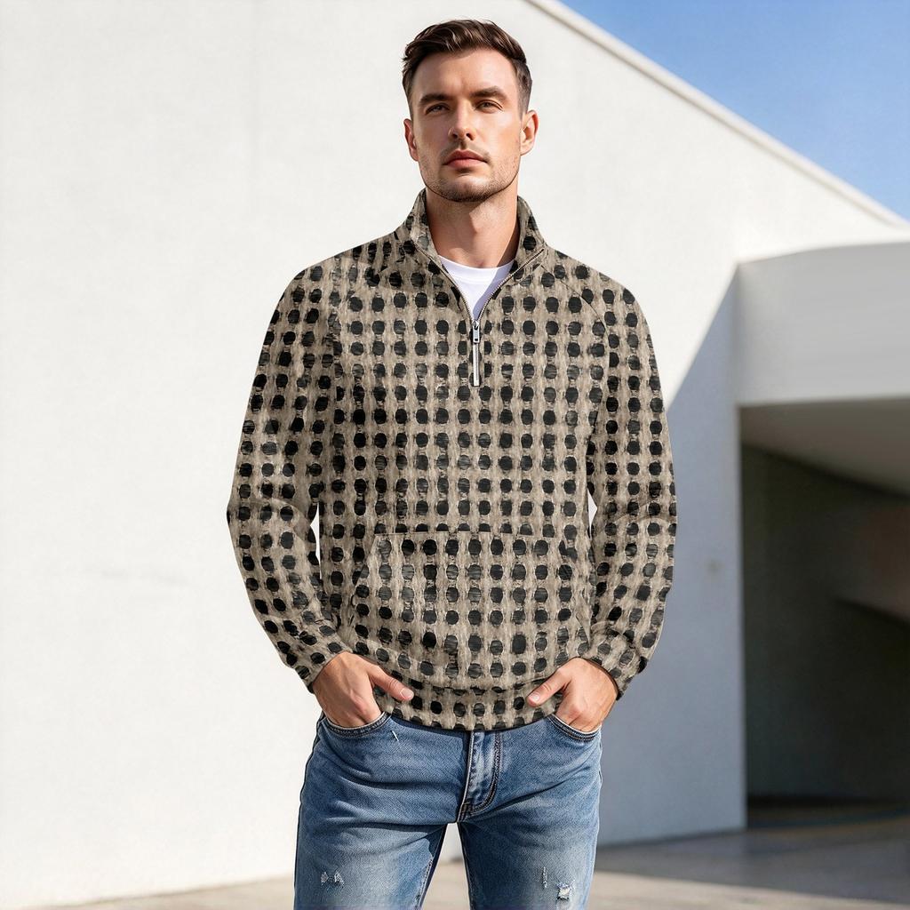 Men's Fall Winter Polka Dot Print Zip Pullover with Stand Collar, Casual Wrinkle- Athletic Top