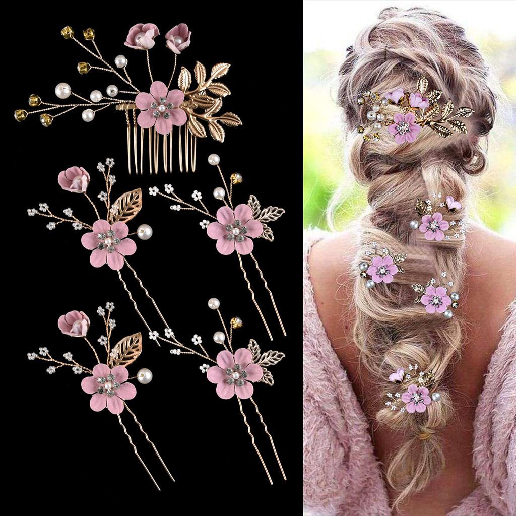Headpiece Golden Wedding Hair Accessories Bridal Flower Wedding Hair Pins 5 PCS Pearl Hair Clips Jewelry with Rhinestone for Brides Bridesmaids Women