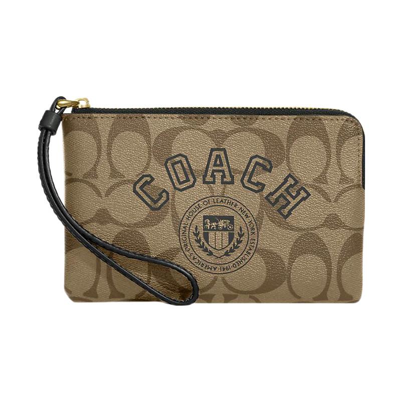 

COACH Corner Zip 16 Classic Old Flower Printed Zipper Closure Coated Canvas and Leather Wrist Bag Clutch Small Women s Khaki коричневий