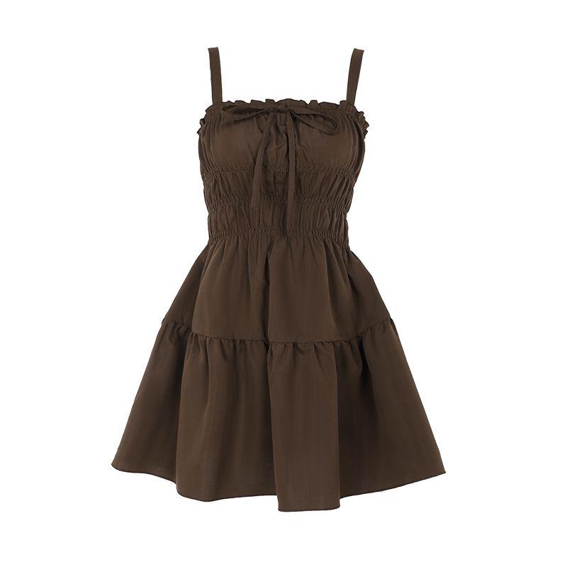 

French Style Bow Strap Pleated Suspender Dress Summer New Arrival High Waist Wooden Ear Patchwork Design Cake Dress Brown L