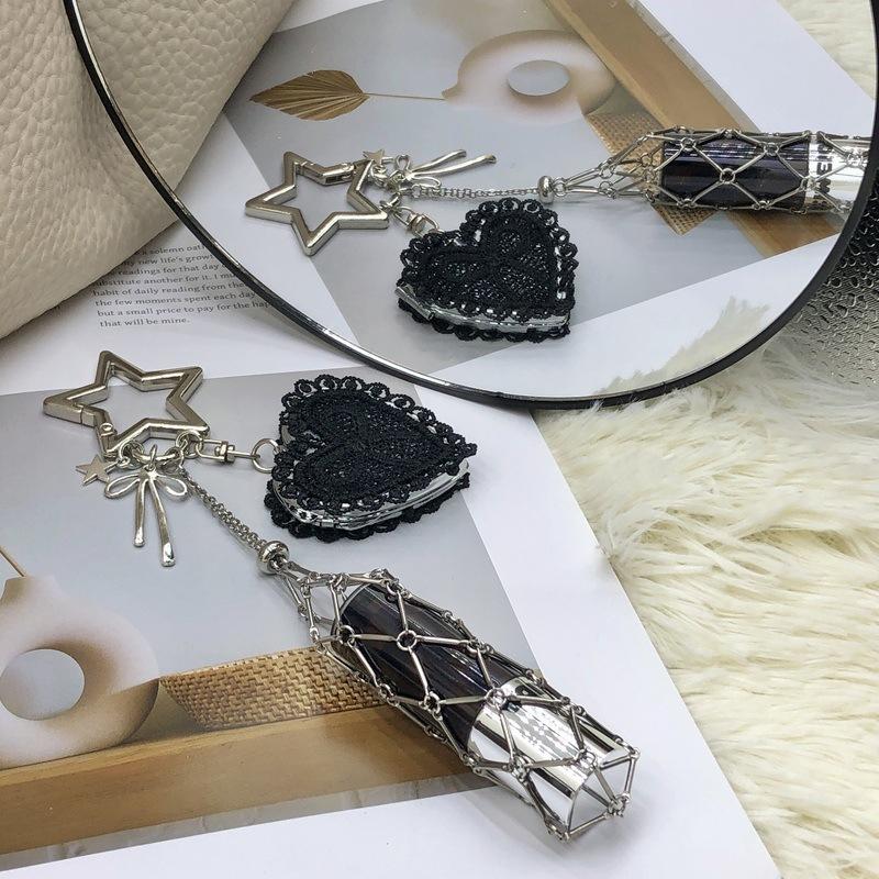 Ins Same Metal Rust Steel Mesh Pocket Lace Diy Bag Pendant Ins Explosive Silver Keychain