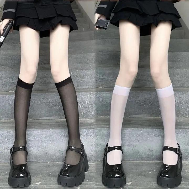 Lolita Summer Nylon Floral Lace Trim Calf Socks Ultra-Thin Transparent Sheer Knee High Socks Jk Girl Women Long Kawaii Stockings
