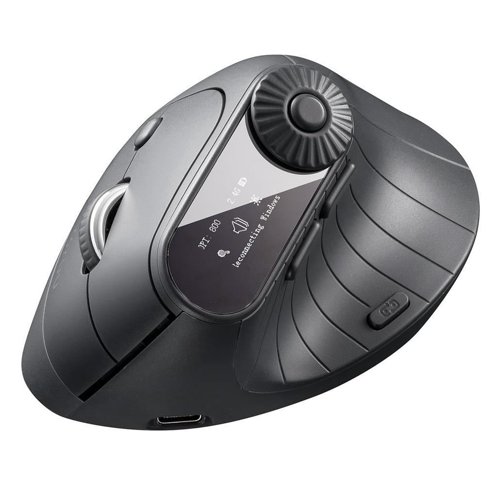 Sanwa Direct Ergonomic Mouse, Multi-Function, 5 Buttons6 Function Dial Operation, Bluetooth, Wireless, Wired, Rechargeable, LCD Screen, Horizontal