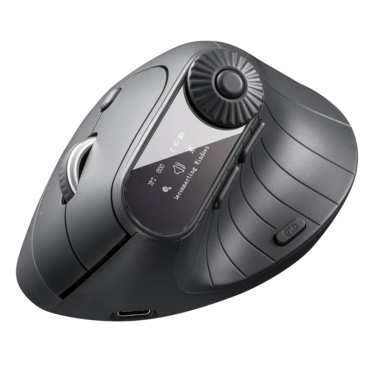 

Sanwa Direct Ergonomic 5 Function Dial LCD Horizontal Mouse, Multi-Function, Buttons/6 Operation, Bluetooth, Wireless, Wired, Rechargeable, Screen,