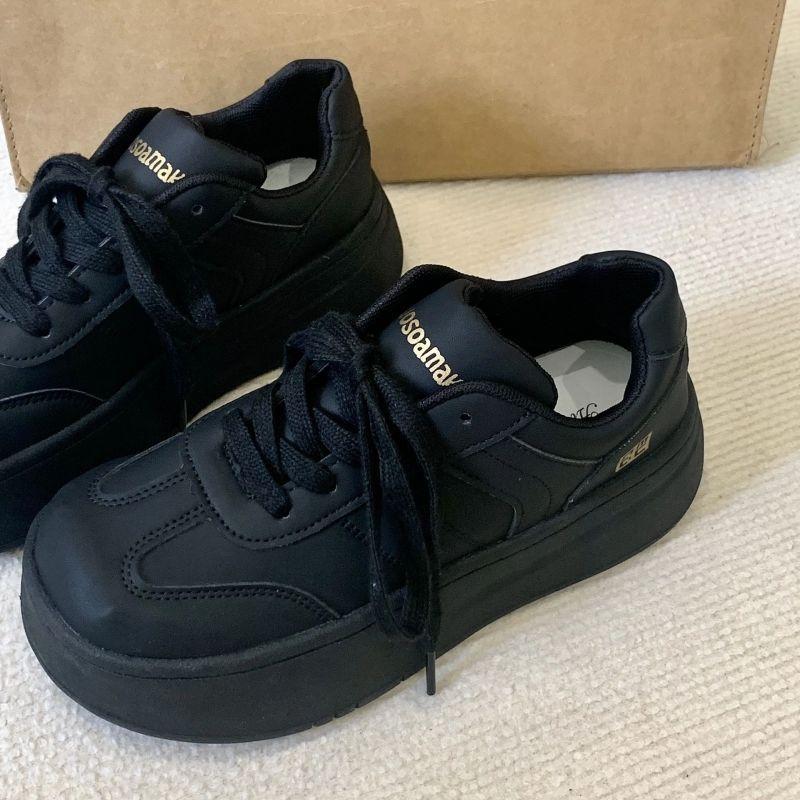 Black Heightening Platform Shoes Children's Spring New Versatile Sports Retro Thickened German Training Board Shoes
