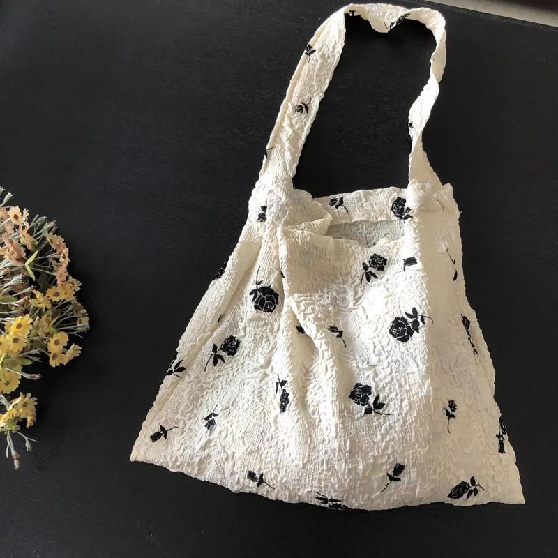 Retro Pleated Fabric Women's One-shoulder Bag Vintage Design Rose Flower Ladies Tote Shopper Bags Female Thin Cloth Handbags