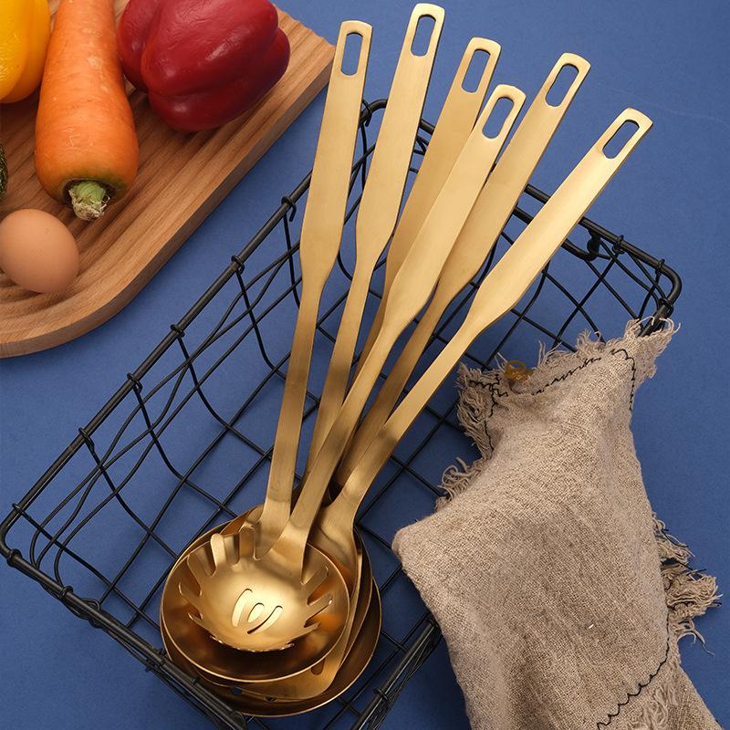 Kitchen Stainless Steel Golden Cooking Utensils Hanging  Korean Style with Pattern Kitchenware Dinner Soup Spoon Frying Spatula