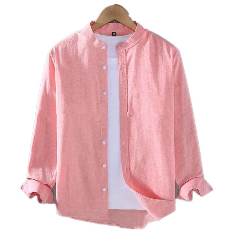 Mens Retro Casual Loose Long Sleeve Stand Collar Solid Shirt