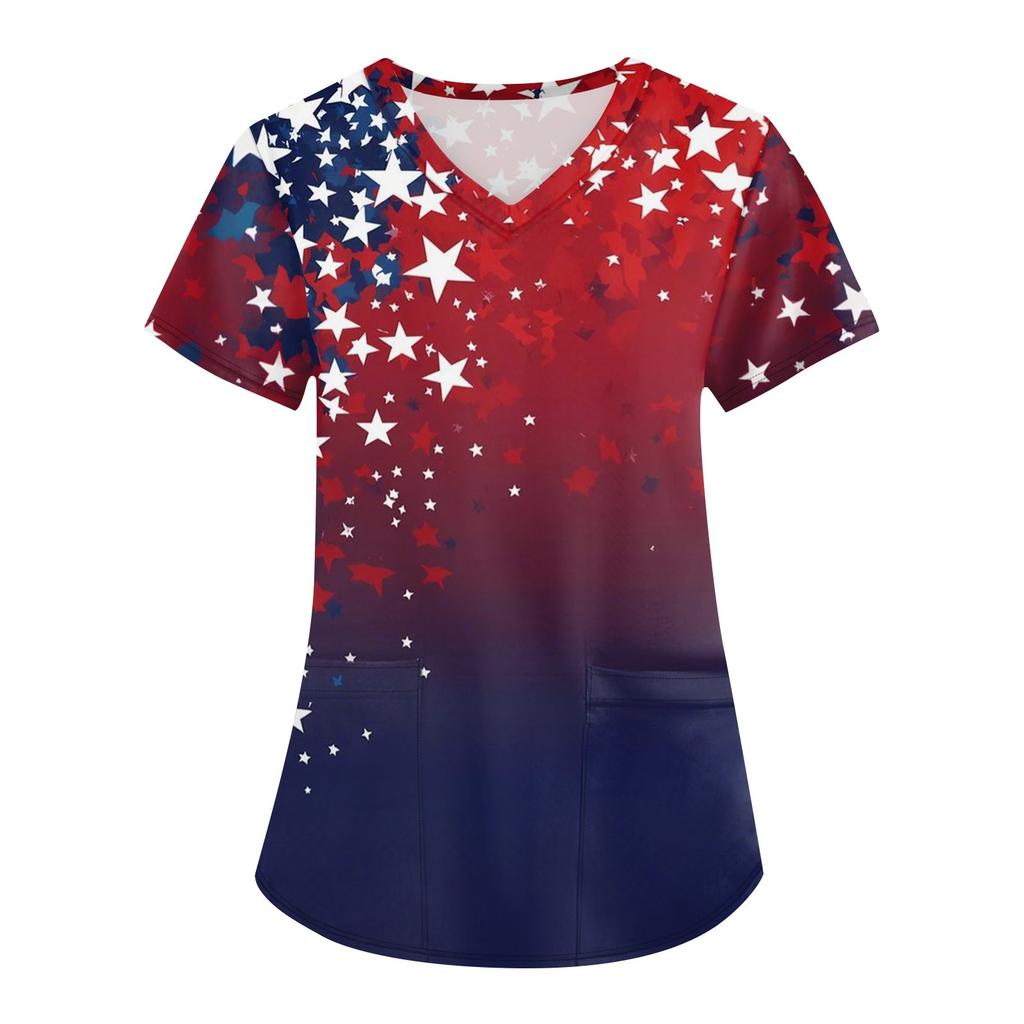 Women's Fashion V-neck Short Sleeve Workwear With Pockets  Independence Day Printed Tops