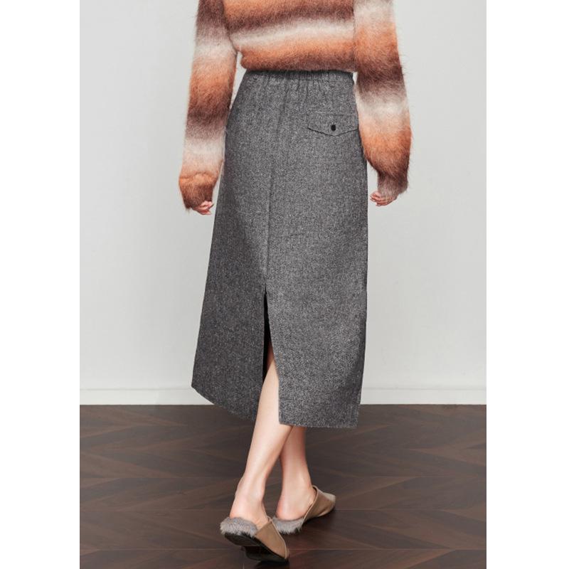 Woolen Half-Skirt: Women's 2025 Winter Brown-Gray Casual Slit Midi Skirt