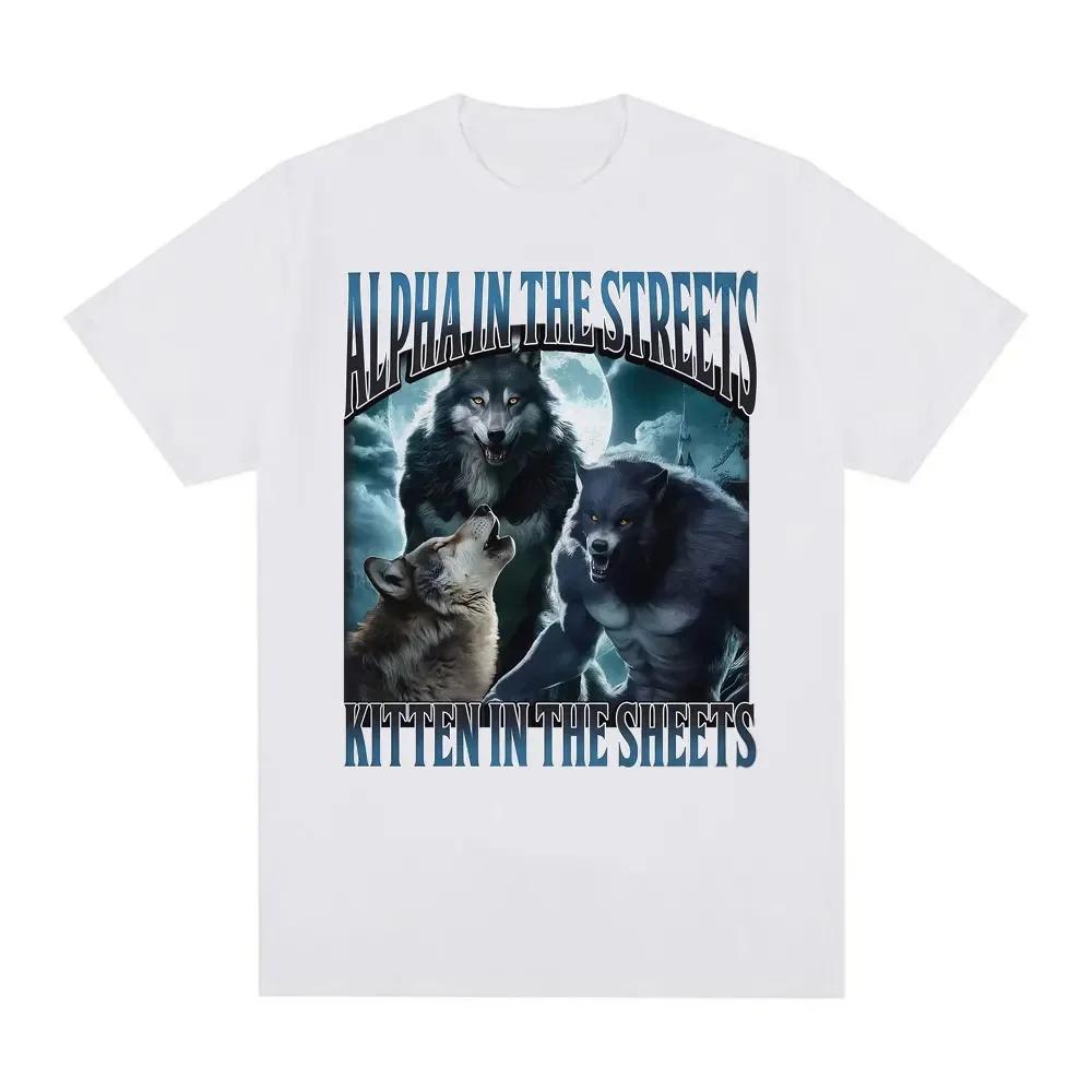 Rundhals-T-Shirt Herrenbekleidung Neu im Sortiment Top T-Shirts Herren-T-Shirt Lustig Alpha auf der Straße Kätzchen im Bett Werwolf Meme