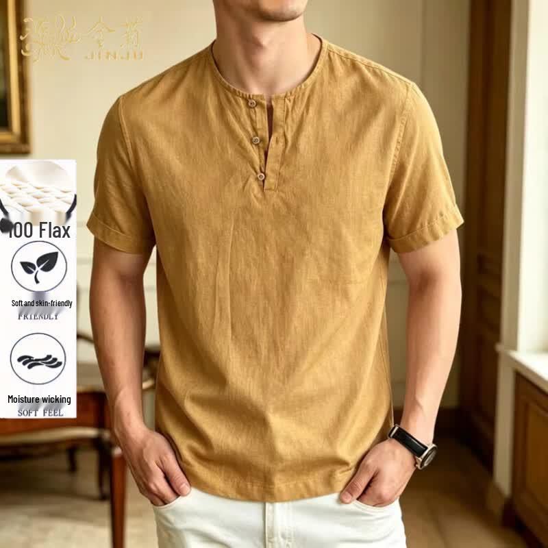 Men s 100% Linen Henley Short-Sleeve T-Shirt XXL жёлтый