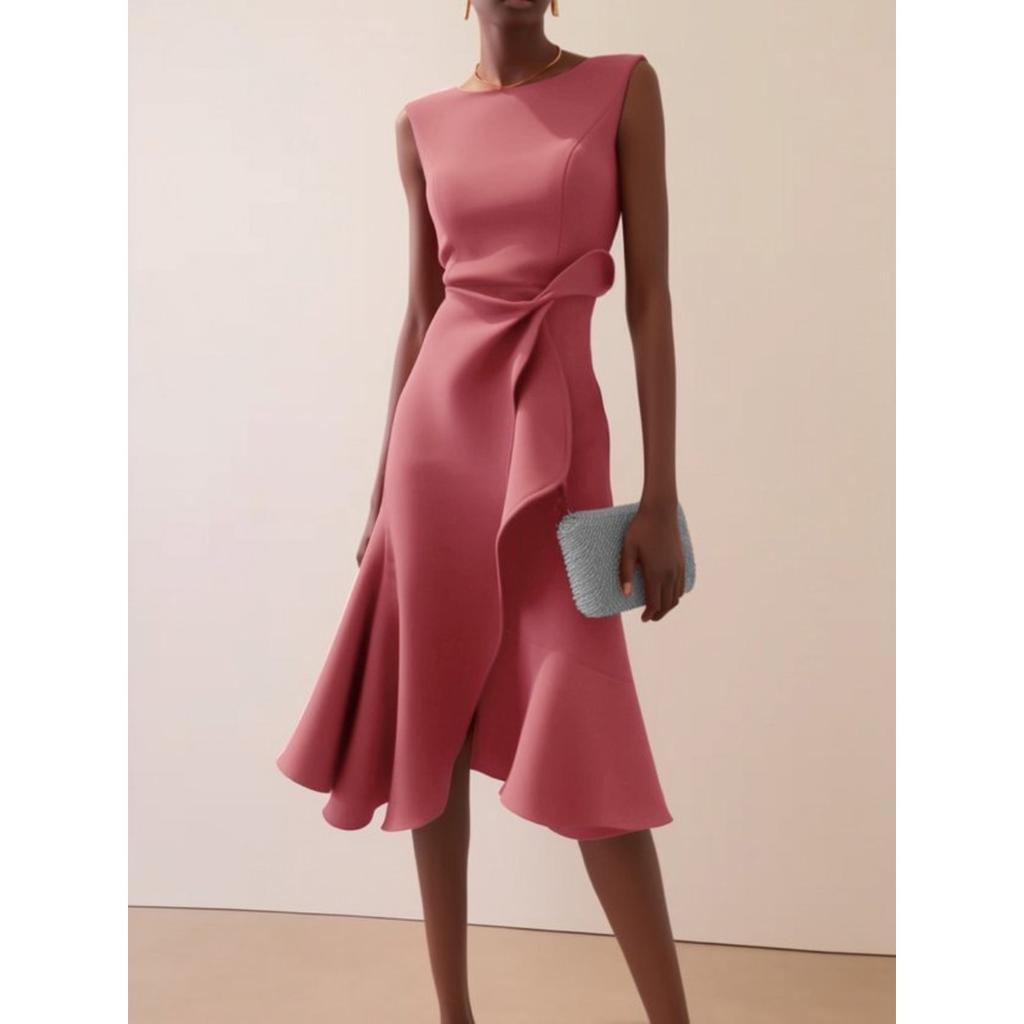 Dames Ronde Hals Mouwloze Midi Jurk Slim Fit Middelhoge Taille Elegante Ruche Split Cocktailjurk