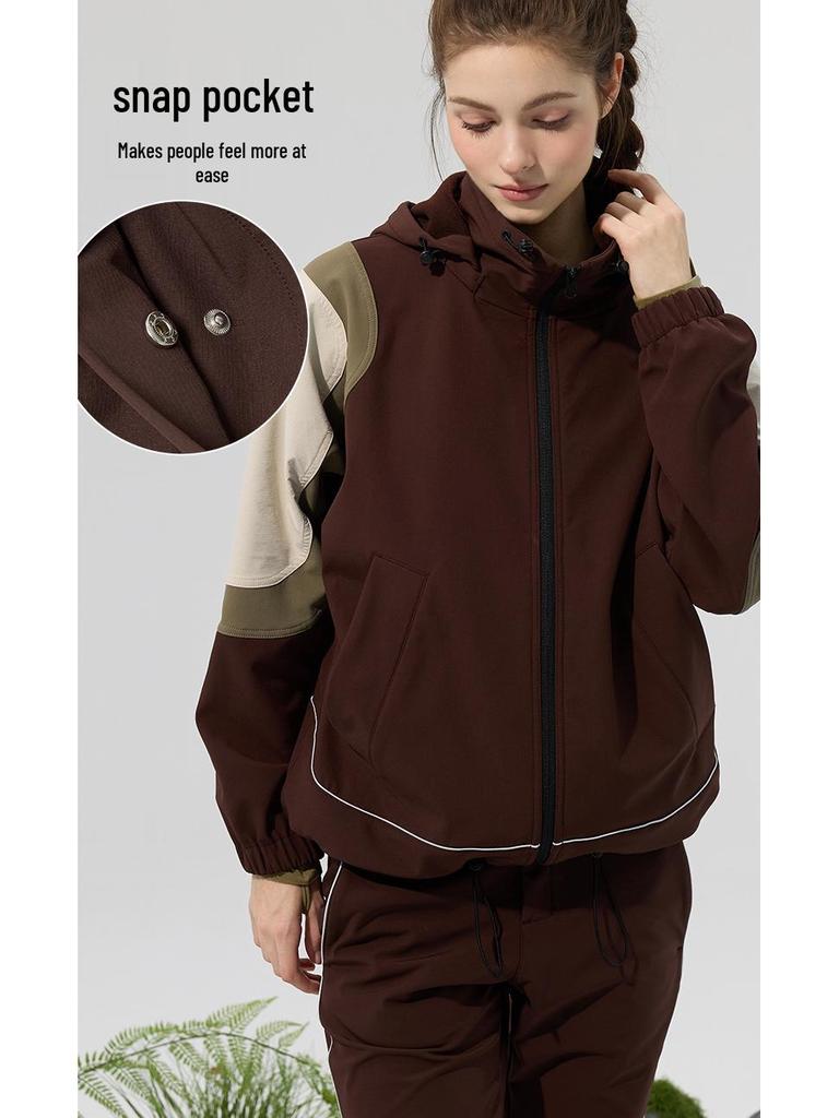 Lotus Leaf Colorblock Softshell Jacket: Water-Repellent, Elastic Hem, Fleece-Lined, Stand Collar