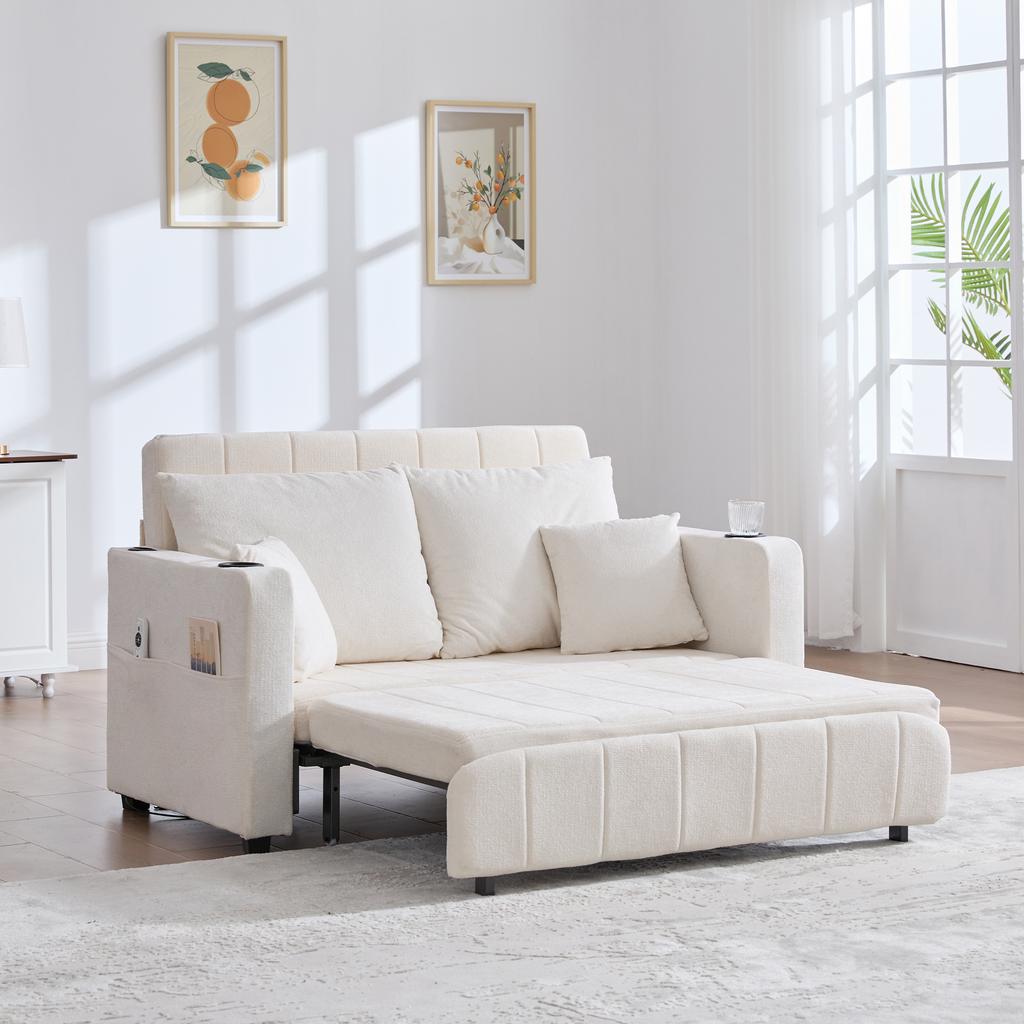 Multifunctional Sofa, Folding Sofa, Usable as Sofa or Bed, Storage Pockets on Armrests, USB Charging Function and Drink Holders (Beige Chenille)