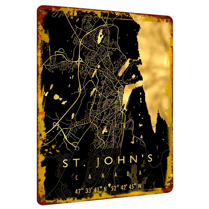 

St Johns Canada Gold Foil Map Metal Wall Art Custom City Street Road Decorative Iron Painting 20x30cm（7.8x11.8inch）