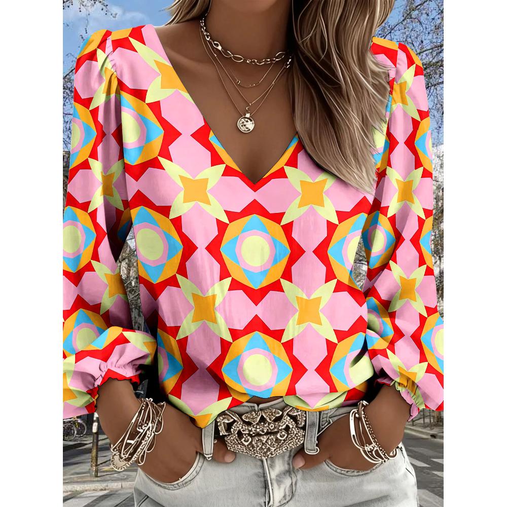 

Lady Bohemian Retro Western Style Shirt with V-neck and Long Sleeves, suitable for casual outfits and vacations, relaxed and loose shirt S