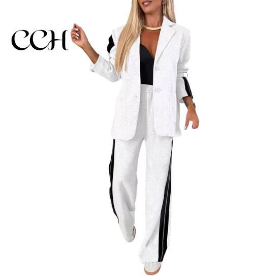 Women Commuter Suit 2 Pcs/Set Lady Formal Coat Pants Set Turn-down Collar Single-breasted Long Sleeves Autumn Outfit Jacket Loose Striped Wide
