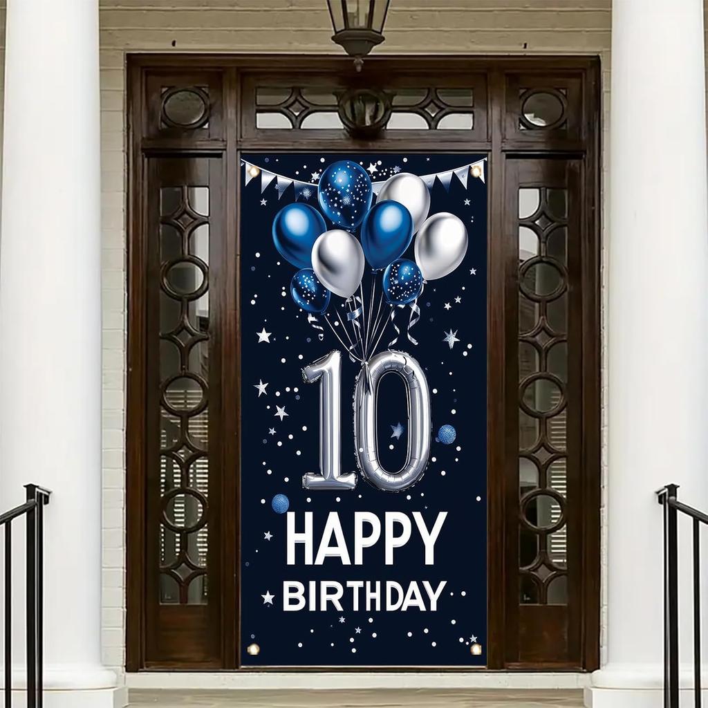 10th Birthday Door Cover Decoration 71 x 35 Inch Blue and Silver Balloon Banner for Tenth Birthday Party Supplies Happy 10 Years Old Photo Booth