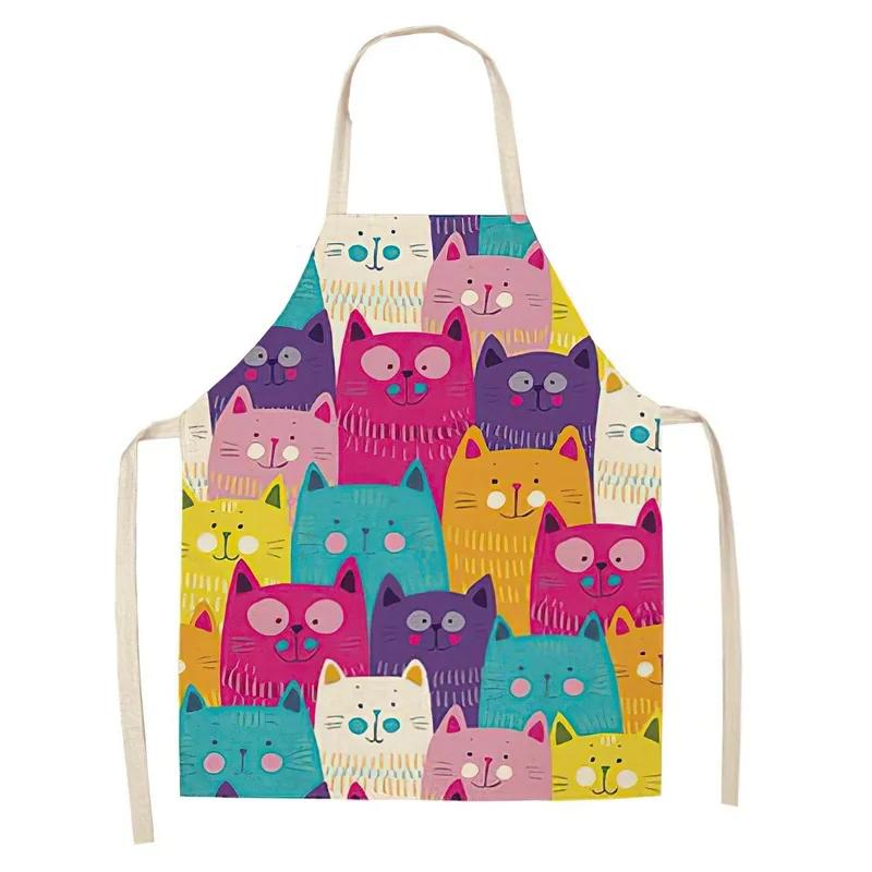 1Pcs Apron Cotton Linen Cooking Cute Cat Printed Home Sleeveless Aprons Men Women Baking Accessories Household Kitchen Supplies